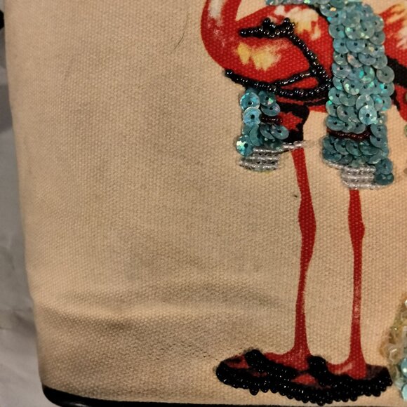 Flamingo Print Canvas Purse Bag Tote Beaded Sequins Tropical - Picture 12 of 12